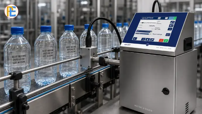 Continuous Inkjet vs Thermal Inkjet Batch Coding Machines: Which One Is Right for Your Packaging Line? Packerials Continuous Inkjet printer printing on moving bottles in a production line