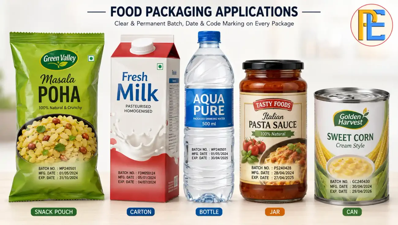 Batch coding on different food packaging materials including pouches cartons bottles jars and cans