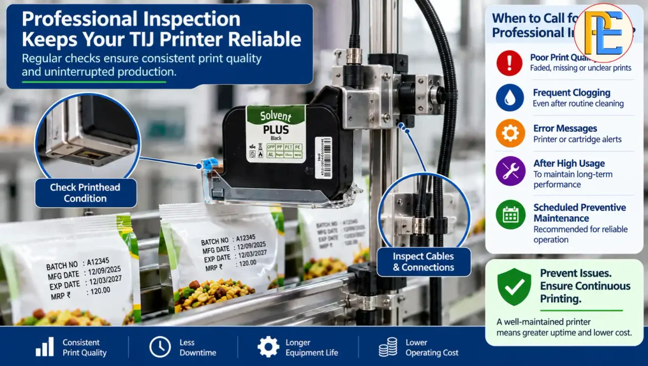 How to Reduce Ink Consumption in Your Thermal Inkjet Printer? Maintenance technician inspecting a thermal inkjet printer on a packaging line