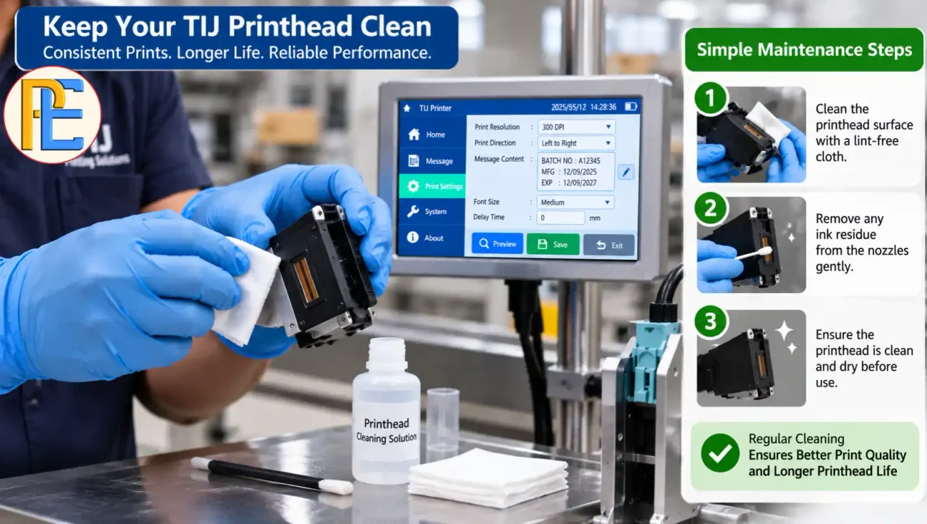 How to Reduce Ink Consumption in Your Thermal Inkjet Printer? Operator cleaning or inspecting a thermal inkjet printhead