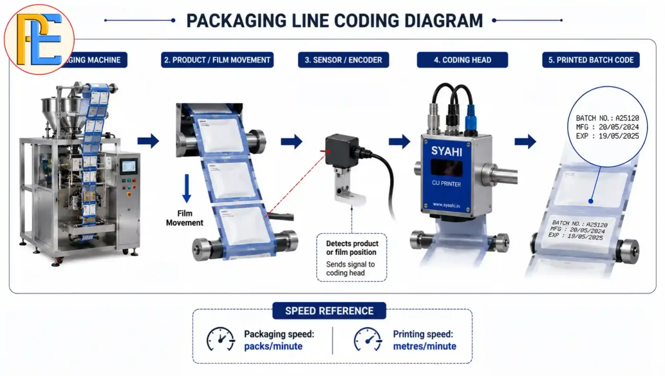 Food packaging production line showing sensor encoder and batch coding printer integration