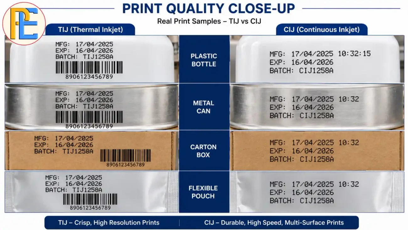 TIJ and CIJ printed batch codes showing print quality and readability