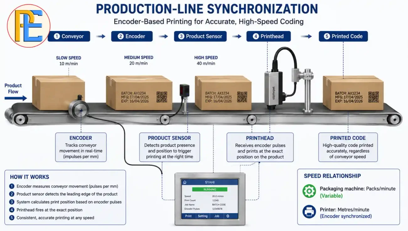 Production line encoder and sensor synchronization for online batch coding