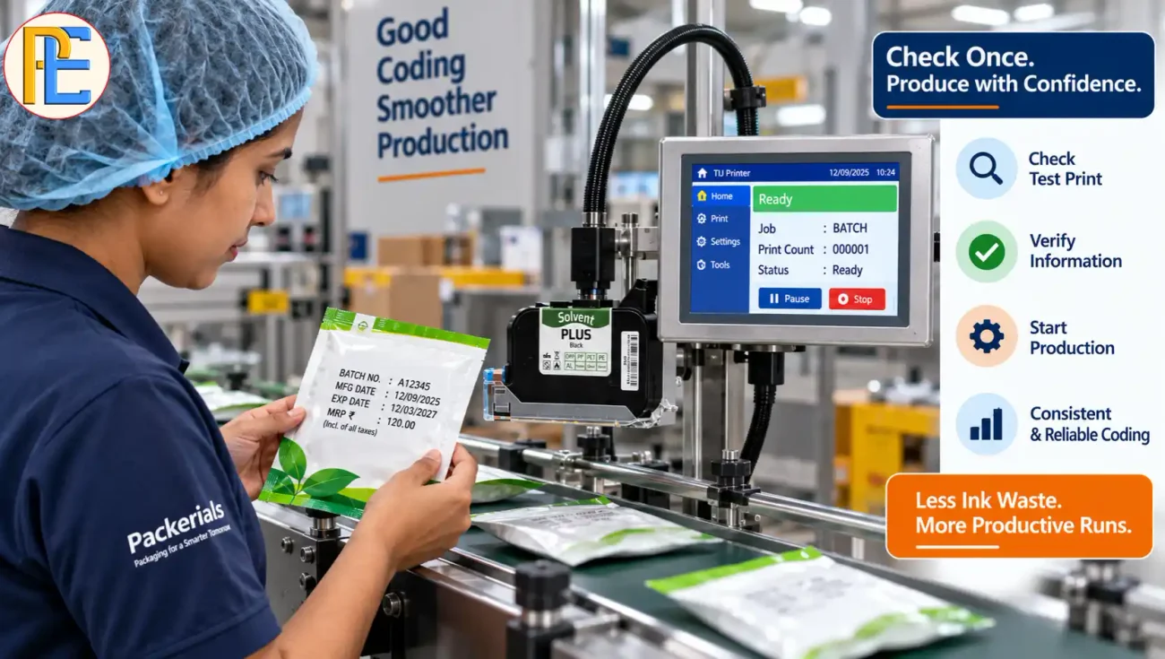 How to Reduce Ink Consumption in Your Thermal Inkjet Printer? Packaging operator checking a single test print before starting production