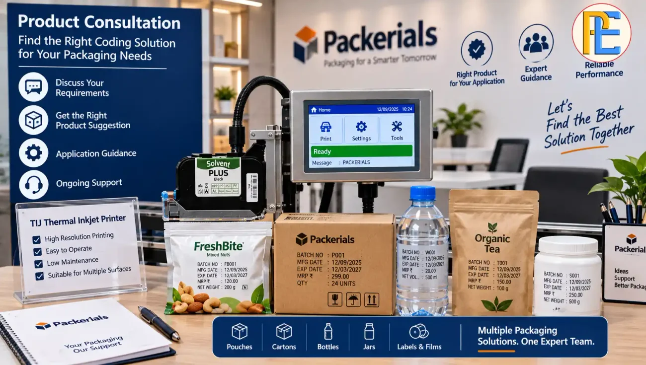 How to Reduce Ink Consumption in Your Thermal Inkjet Printer? Packerials-style product consultation showing a thermal inkjet printer and packaging samples