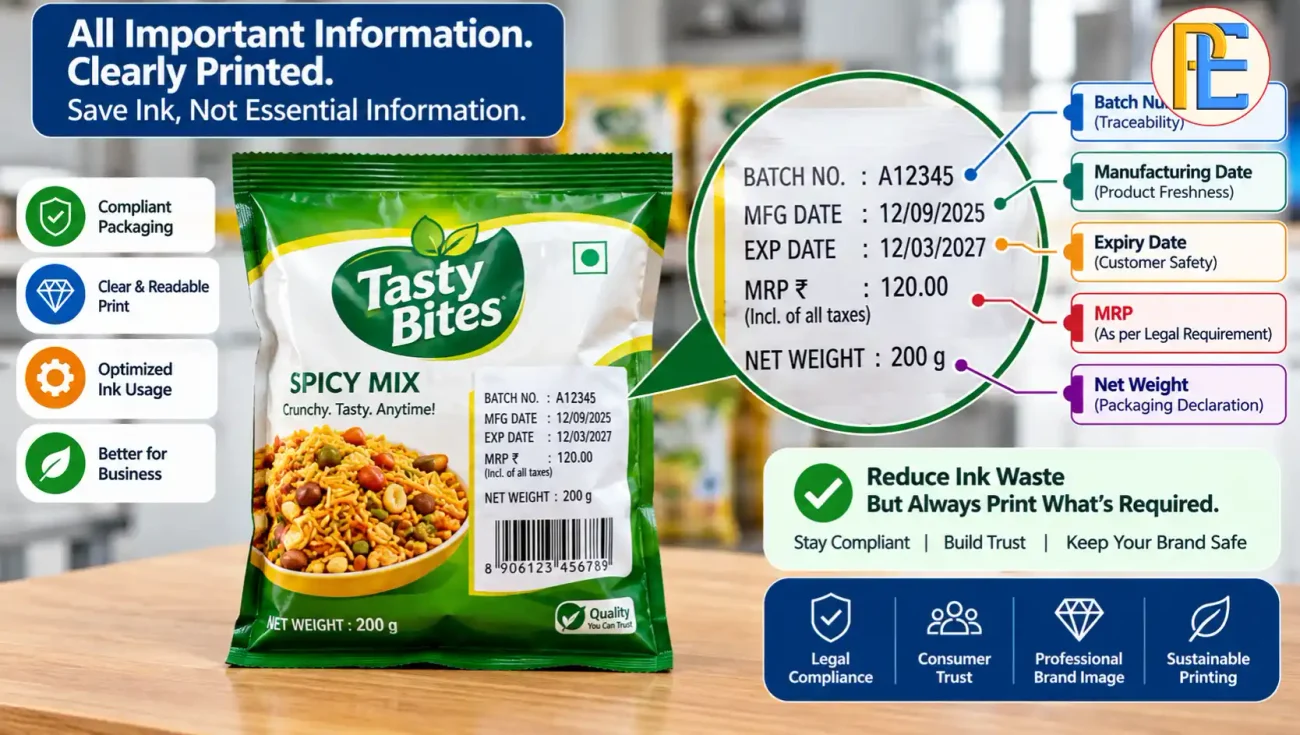 How to Reduce Ink Consumption in Your Thermal Inkjet Printer? Properly coded food or FMCG packaging showing batch number, date marking, MRP, and other required declarations
