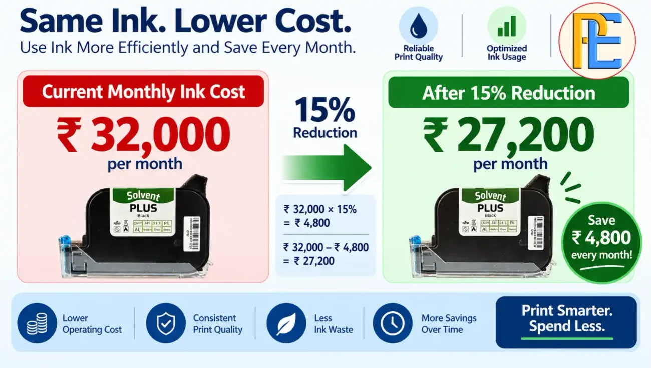 Simple infographic showing ₹32,000 current monthly ink cost versus ₹27,200 after a 15% reduction