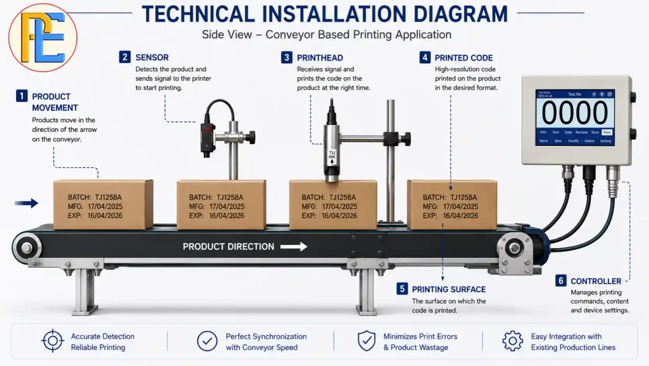 Online TIJ printer installation showing sensor printhead and product movement