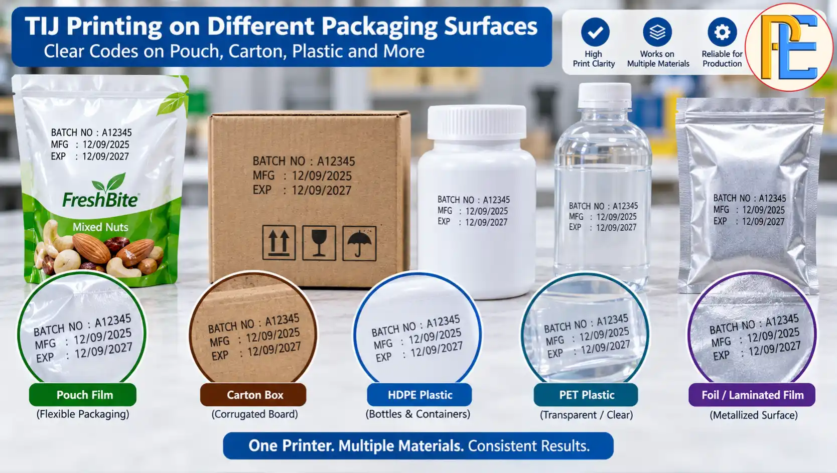How to Reduce Ink Consumption in Your Thermal Inkjet Printer? TIJ batch code printed on different packaging surfaces such as pouch film, carton, and plastic