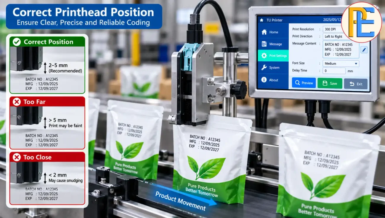 How to Reduce Ink Consumption in Your Thermal Inkjet Printer? TIJ printhead positioned correctly above a moving pouch or carton