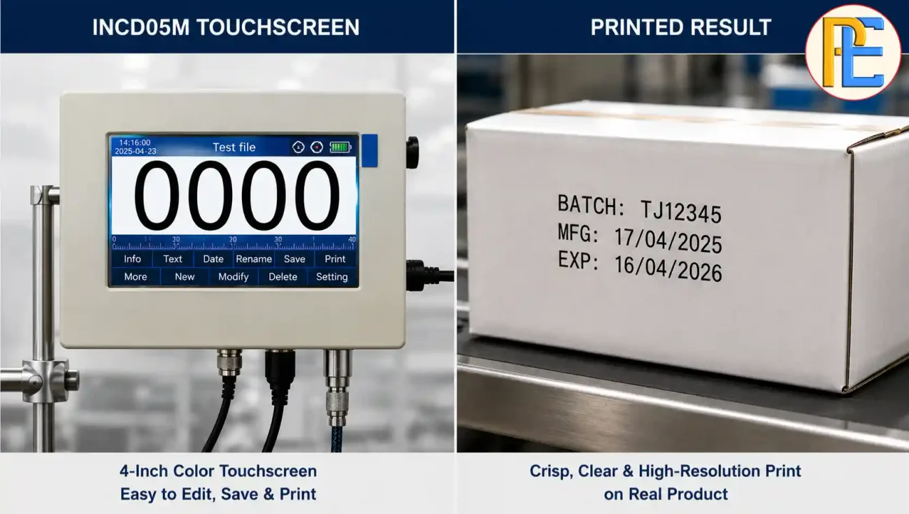 4-inch touchscreen interface and printed batch code of an online TIJ printer