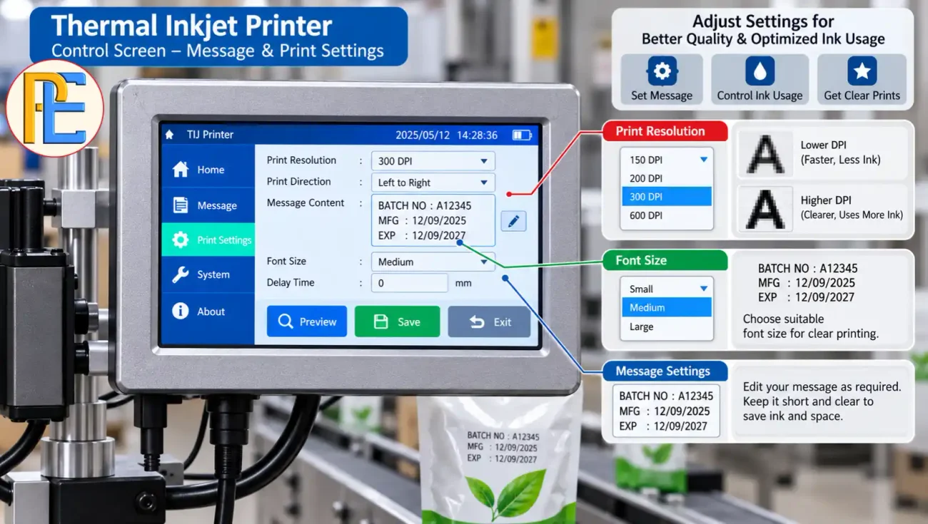 How to Reduce Ink Consumption in Your Thermal Inkjet Printer? Thermal inkjet printer control screen showing print resolution and message settings