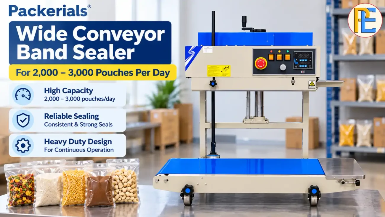 Best Pouch Sealing Machine for Atta Packaging: From Small Flour Mills to Large Factories Wide Conveyor Band Sealer for 2,000–3,000 Pouches per Day